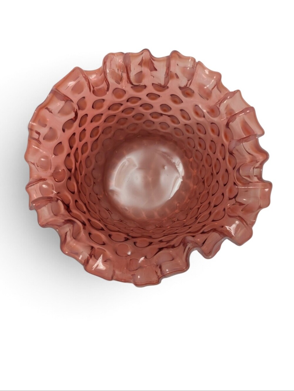 VINTAGE Fenton Hobnail Ruffled Bowl Glass Cranberry Pink Red White BonBon Dish - Picture 4 of 10